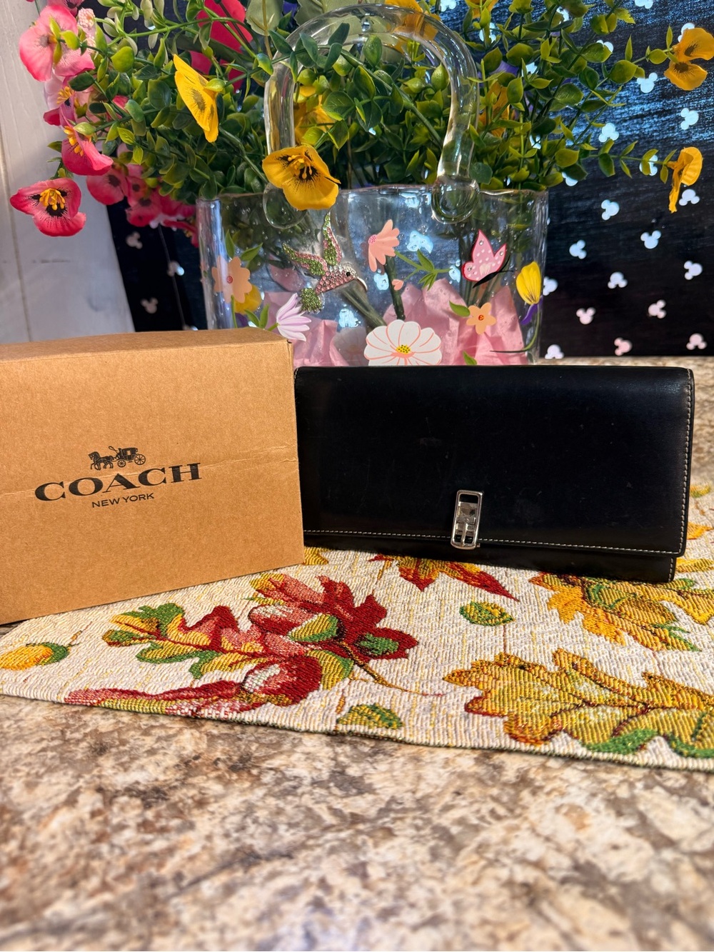COACH Black Leather Long Wallet with Silver-Tone Push-Lock